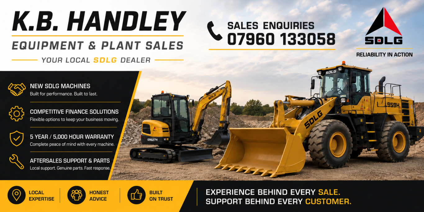 SDLG Excavator & Wheel Loader Sales | K.B. Handley K.B. Handley sales banner featuring an SDLG ER627H mini excavator and wheel loader, with finance, warranty and aftersales support. Call 0796