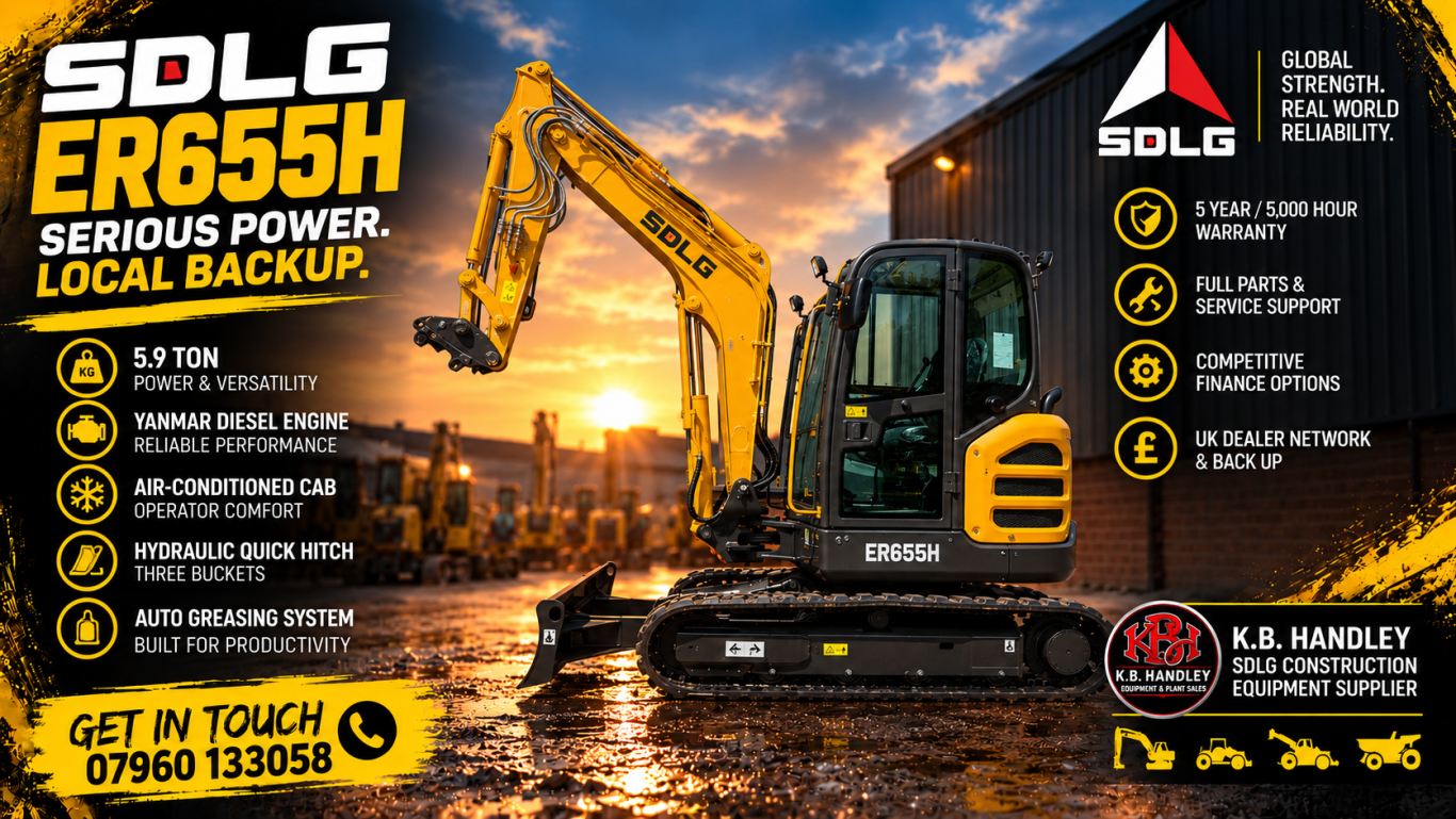 SDLG ER655H 5.9 Ton Excavator for Sale | K.B. Handley SDLG ER655H 5.9 ton excavator advert highlighting its Yanmar engine, air-conditioned cab, hydraulic quick hitch and auto greasing.