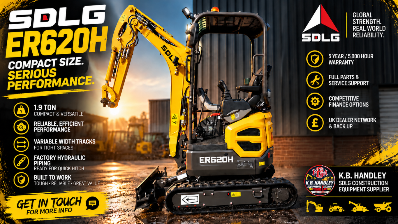 SDLG ER620H 1.9 Ton Mini Excavator – K.B. Handley SDLG ER620H 1.9 ton mini excavator from K.B. Handley, 5-year/5,000-hour warranty, parts support and finance options