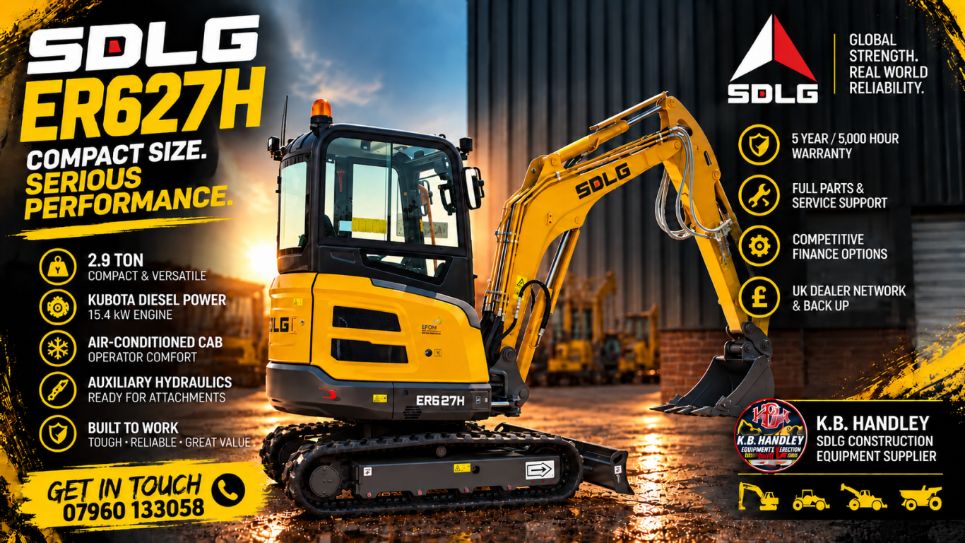 SDLG ER627H 2.9 Ton Mini Excavator for Sale | K.B. Handley | Call 07960 133058 SDLG ER627H 2.9 ton mini excavator advert featuring Kubota power, an air-conditioned cab, a 5-year/5,000-hour warranty and finance options.